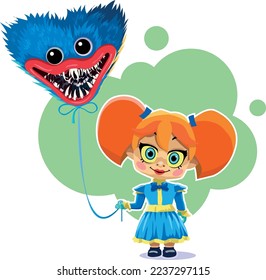 cute little girl holds a balloon in the form of the head of a famous monster in her hand