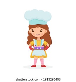 Cute little girl holds a cupcakes on the tray illustration