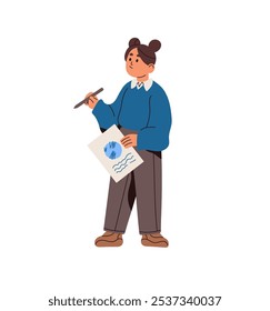 Cute little girl holds doodle picture to show. Creative child with pencil and scribble drawing in hands. Kid with childish art on paper sheet. Flat isolated vector illustration on white background