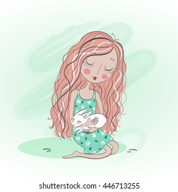 Cute little girl holds white rabbit. Vector illustration.