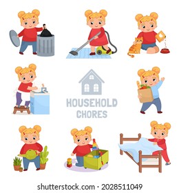 Cute little girl with household chores. Vector illustration in cartoon style. Home routine set.

