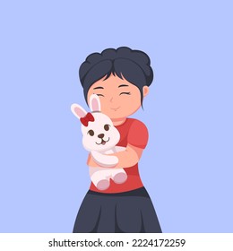 Cute Little Girl with Hug the Bunny Cartoon Vector Illustration
