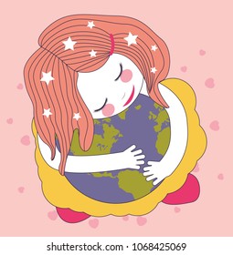 cute little girl hugging the Earth planet. Can be used for baby t-shirt print, fashion print design, kids wear, baby shower celebration, greeting and invitation card