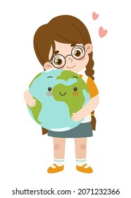 Cute little girl hugging the earth globe. Pretty child with glasses hug peace.