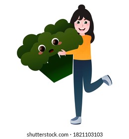 Cute little girl hugging giant broccoli, healthy vegetable food for kids, organic meal, best friends with greens, vector catoon illustration