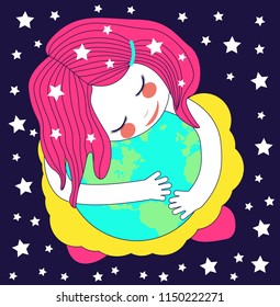 cute little girl hugging the globe. the concept of caring for the planet earth. care for the environment. the girl is sleeping on the planet. Vector template for card, poster, banner, flyer. 