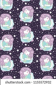 cute little girl hugging the globe. the concept of caring for the planet earth. care for the environment. the girl is sleeping on the planet. pattern with girl 