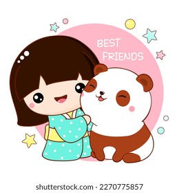 Cute little girl hugging a panda. Inscription Best friends. Friends - girl and panda playing together. Square card in kawaii style. Vector illustration EPS8