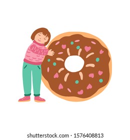 A cute little girl hugging a very tasty donut. Hand drawn vector illustration isolated on white background. Great for food poster design, bakery and pastry products