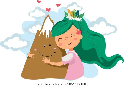 Cute little girl hugs the mountain. Nature and love. Inernational mountain day.