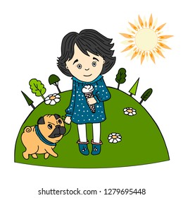 Cute little girl with ice cream in her hand and a dog pug on the lawn in summer, Sunny day, cartoon style, vector 