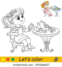 Cute little girl with ice cream sitting at the table with a tea set. Coloring book page with colorful template for kids. Vector isolated illustration. For coloring book, print, game, party, design