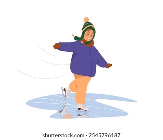 Cute little girl ice skating. Child in winter clothes ice skating on ice rink outdoors. Children skaters in cold weather. Winter leisure outdoors activity. Flat cartoon vector illustration on white.