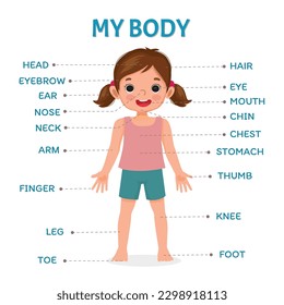 Afiche de ilustraciones de niñas pequeñas de partes del cuerpo humano con un diagrama de etiquetas de texto para niños aprendiendo propósito educativo