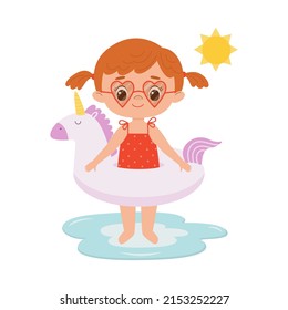 Cute little girl with inflatable swimming circle in form of unicorn and sunglasses. Children on beach, summer holidays and activity, vacation at sea concept. Vector cartoon illustration
