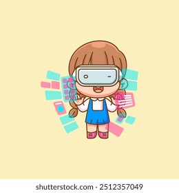 Cute little girl  interact virtual reality glasses vr chibi kawaii character mascot illustration outline style set