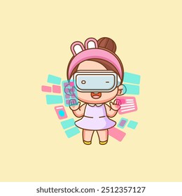Cute little girl  interact virtual reality glasses vr chibi kawaii character mascot illustration outline style set
