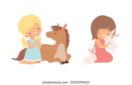 Cute Little Girl Interacting with Animal in Petting Zoo Vector Set