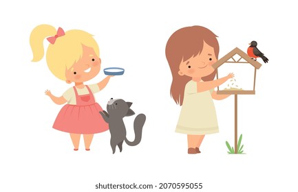 Cute Little Girl Interacting with Animal in Petting Zoo Vector Set