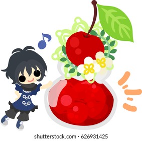 A cute little girl and jam of cherry