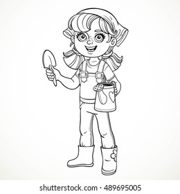 Cute little girl in jeans overalls and rubber boots holding a watering for flowers and shovel line drawing for coloring on a white background