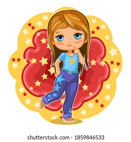 Cute little girl in jeans with stars. Cheerful funny child in a good mood. The isolated object on a white background. Young baby in beachwear. Cartoon flat style. Vector