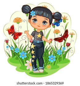 Cute little girl in jeans with stars. Cheerful funny child in a good mood. The isolated object on a white background. Young baby in beachwear. Cartoon flat style. Vector