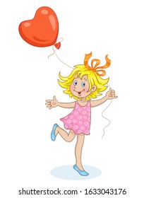 Cute little girl jumps on one leg with a large red heart-shaped balloon  in her hand. In cartoon style. Isolated on white background. Vector illustration.