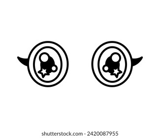 Cute little girl. Kawaii eyes. Cute eyes with stars and eyelashes. Black and white vector illustration, icon, coloring page.