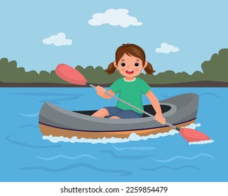 Cute little girl kayaking on the river 