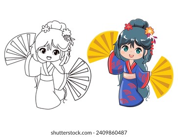 Cute little girl in kimono clothes Beautiful chibi cartoon and coloring book for children. Vector illustration