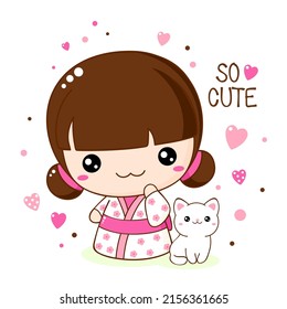 Cute little girl with kitty in kawaii style. Japanese traditional toy kokeshi doll in kimono with white cat. Inscription So cute. Vector illustration EPS8  