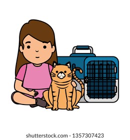 cute little girl with kitty in transport box