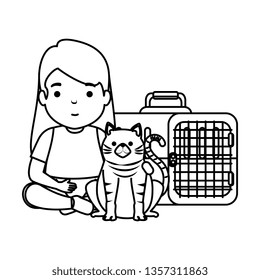 cute little girl with kitty in transport box