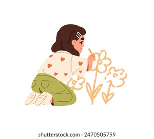 Cute little girl kneeling and drawing doodle flowers with chalk back view. Creative kid with crayon in hand painting on the wall. Child creates freehand art. Flat isolated vector illustration on white