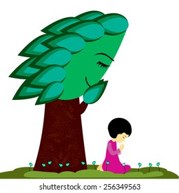  A cute little girl kneeling and praying -Vector illustration 