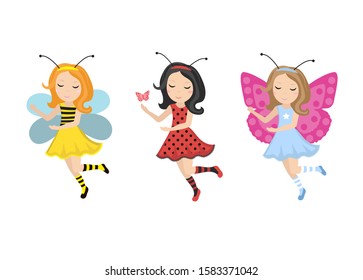 Cute little girl ladybug, bee, butterfly icon set in flat, cartoon style. Baby carnival costume bee. Isolated on white background. Vector illustration