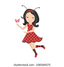 Cute little girl ladybug icon in flat, cartoon style. Baby carnival costume bee. Isolated on white background. Vector illustration