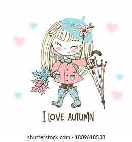A cute little girl with a large umbrella in rubber boots walks in the rain in autumn. Vector.