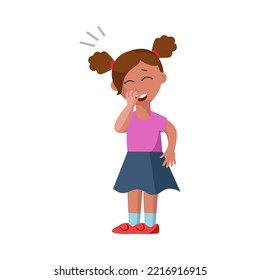 Cute little girl laughing cartoon vector illustration. Happy kid character standing covering mouth while laughing. Good mood concept