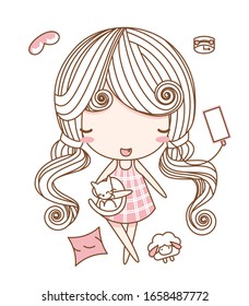 Cute little girl lay down and wear earphone. Flat character design. Vector illustration for the t-shirt, print book, greeting card.