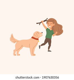Cute little girl laying with the dog, girl throws stick to the dog. Dog owner with labrador on the walk, family time. Kids illustration in cartoon hand drawn style.