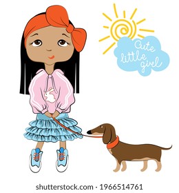 Cute little girl with long black hair and dachshund dog. Modern child. Cartoon style. Vector illustration.