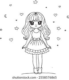 cute little girl with long hair black and white vector