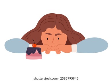 A cute little girl is looking at a forbidden cupcake.Stop eating unhealthy sweet as cake