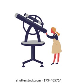 Cute Little Girl Looking Into Telescope Vector Flat Illustration. Colorful Female Child Watching Through Spyglass Isolated On White Background. Kid Enjoying Entertainment At Planetarium