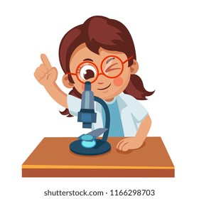 Cute little girl looking through a microscope. Science for children. Cartoon vector illustration