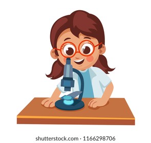 Cute little girl looking through a microscope. Science for children. Cartoon vector illustration