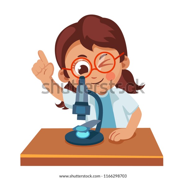 顕微鏡を見たかわいい女の子 子ども向けの科学 漫画のベクターイラスト のベクター画像素材 ロイヤリティフリー