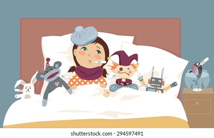 おもちゃでベッドに横たわるかわいい女の子は みんな口に温度計をくわえている ベクターイラスト Eps 8 のベクター画像素材 ロイヤリティフリー